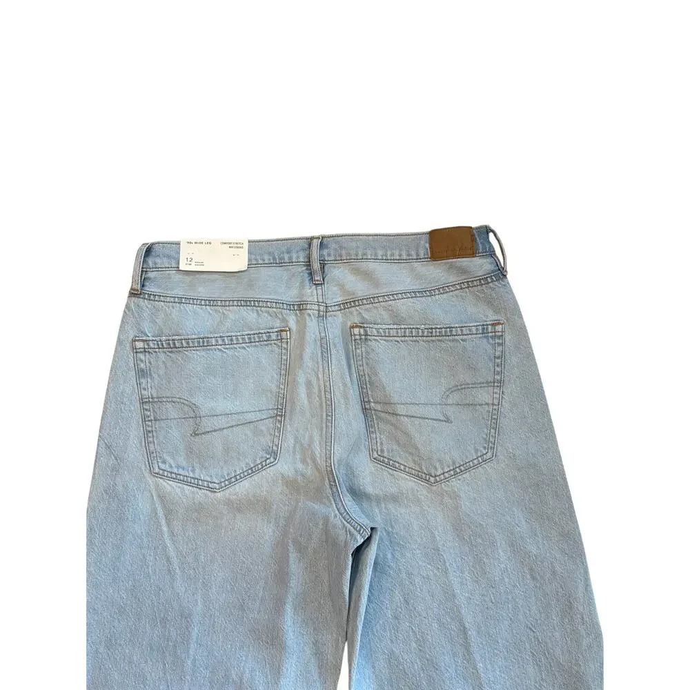 American Eagle 90s Wide Leg Jeans Womens Sz 12 Blue High Rise Stretch Light Wash